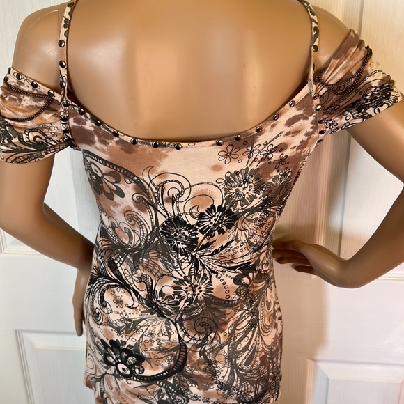 Boston Proper peach grey black sparkly studded &chains off the shoulder Shirt S - Picture 6 of 7